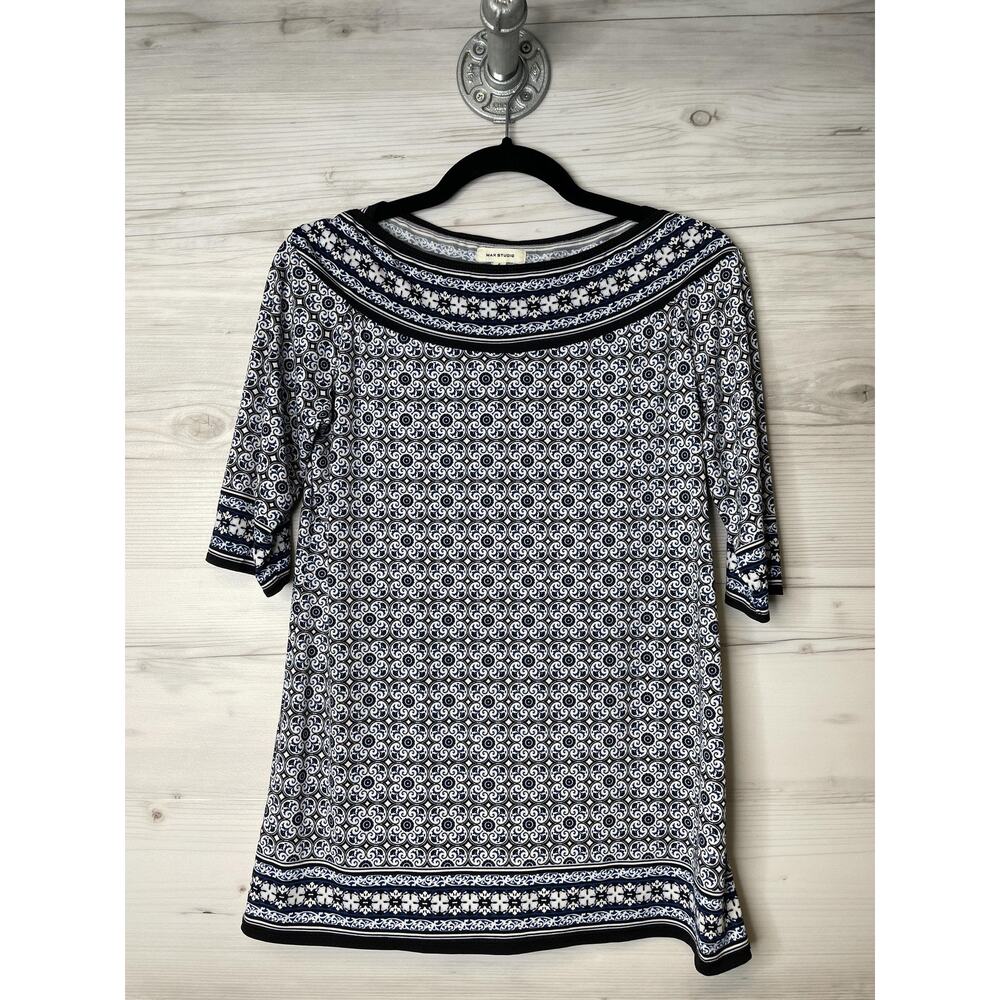 Max Studio Shirt Womens Small Blue White Boho Print‎ Stretch Pullover 3/4 Sleeve